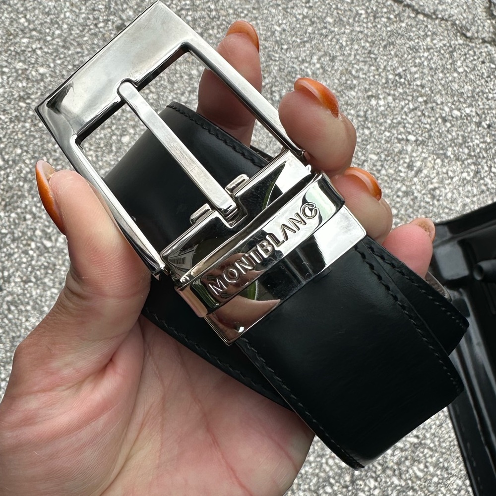 Montblanc Black Belt with Polished Silver Buckle